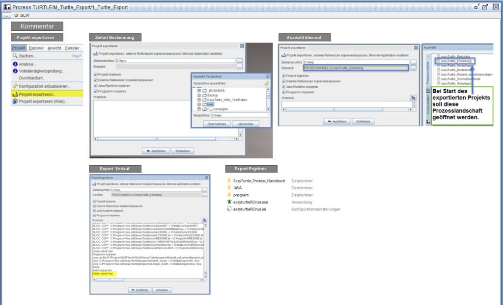 Ablaufbeschreibung eines Projekt Exports: 1. Zielordner bestimmen 2. Elemente auswählen 3. Export durchführen 4. Export Ergebnis betrachten
