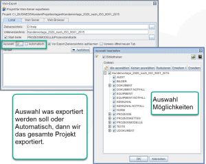 Auswahl der einzelnen zu exportierenden Projektteile
