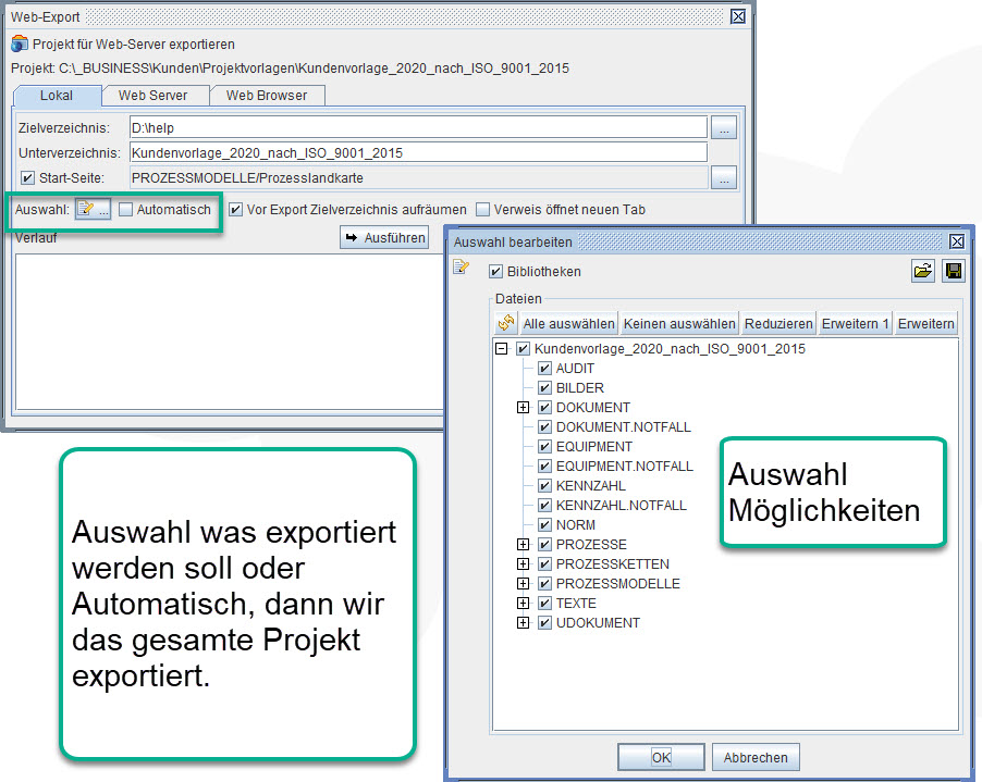 Auswahl der einzelnen zu exportierenden Projektteile