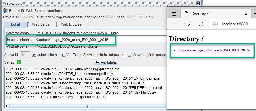 Einstellen des Publikationsverzeichnisses für ein Web_Turtle Projekt