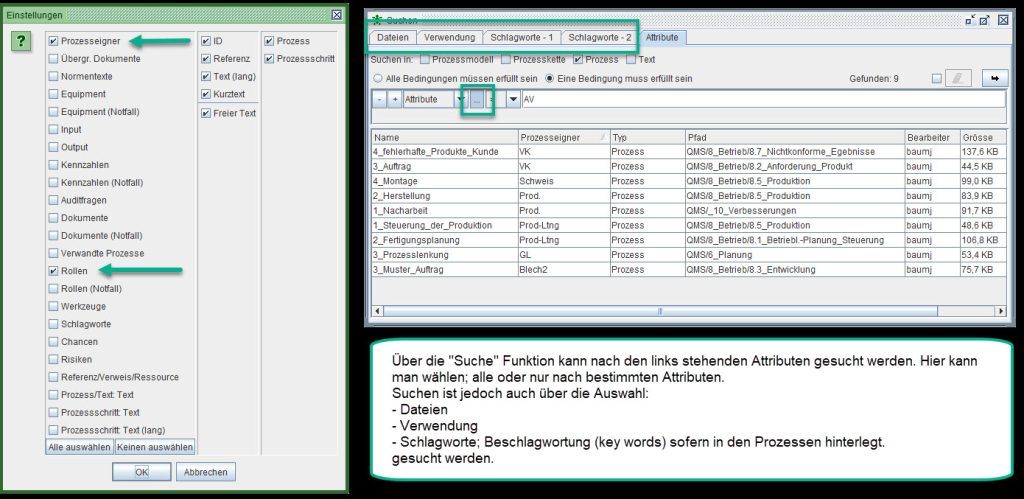 Übersicht der Suchfunktion mit Darstellung der Attributen auf der linken Seite und den weiteren Suchmöglichkeiten in der Mitte (Dateien, Verwendungen, Schlagworten)